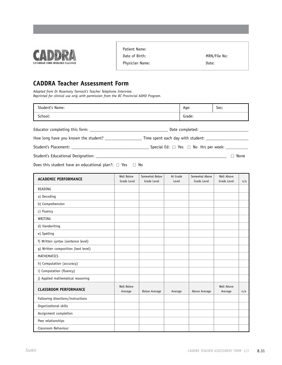 Caddra Teacher Assessment Form - Canadian Adhd Resource Alliance, Page 1