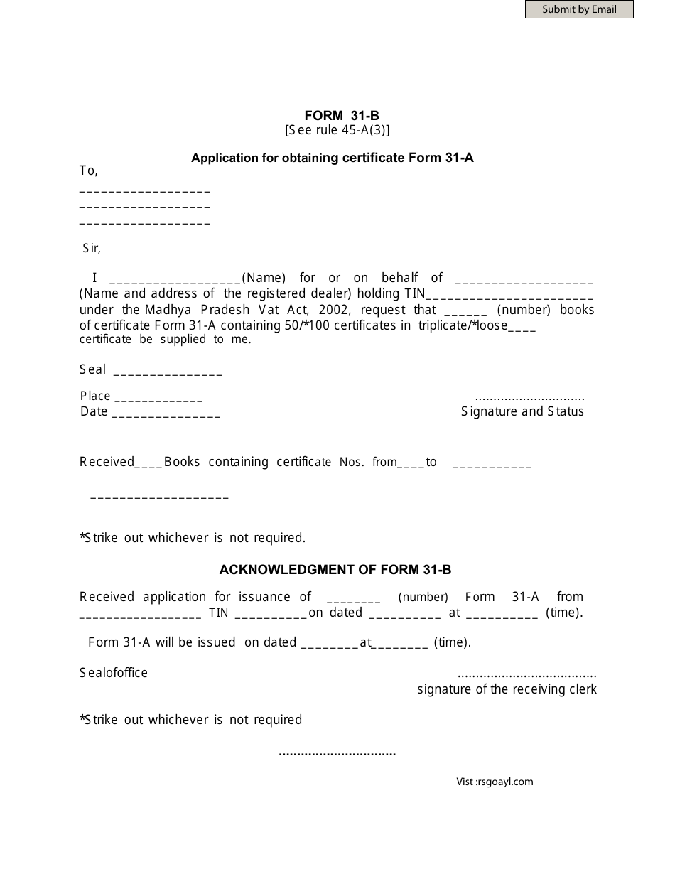 Form 31-B Application for Obtaining Certificate Form 31-a - Madhya Pradesh, India, Page 1
