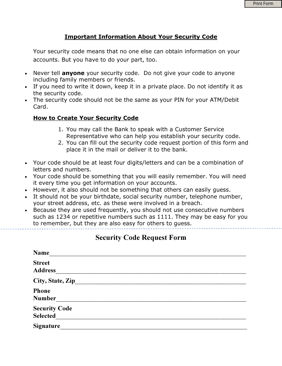 Security Code Request Form, Page 1