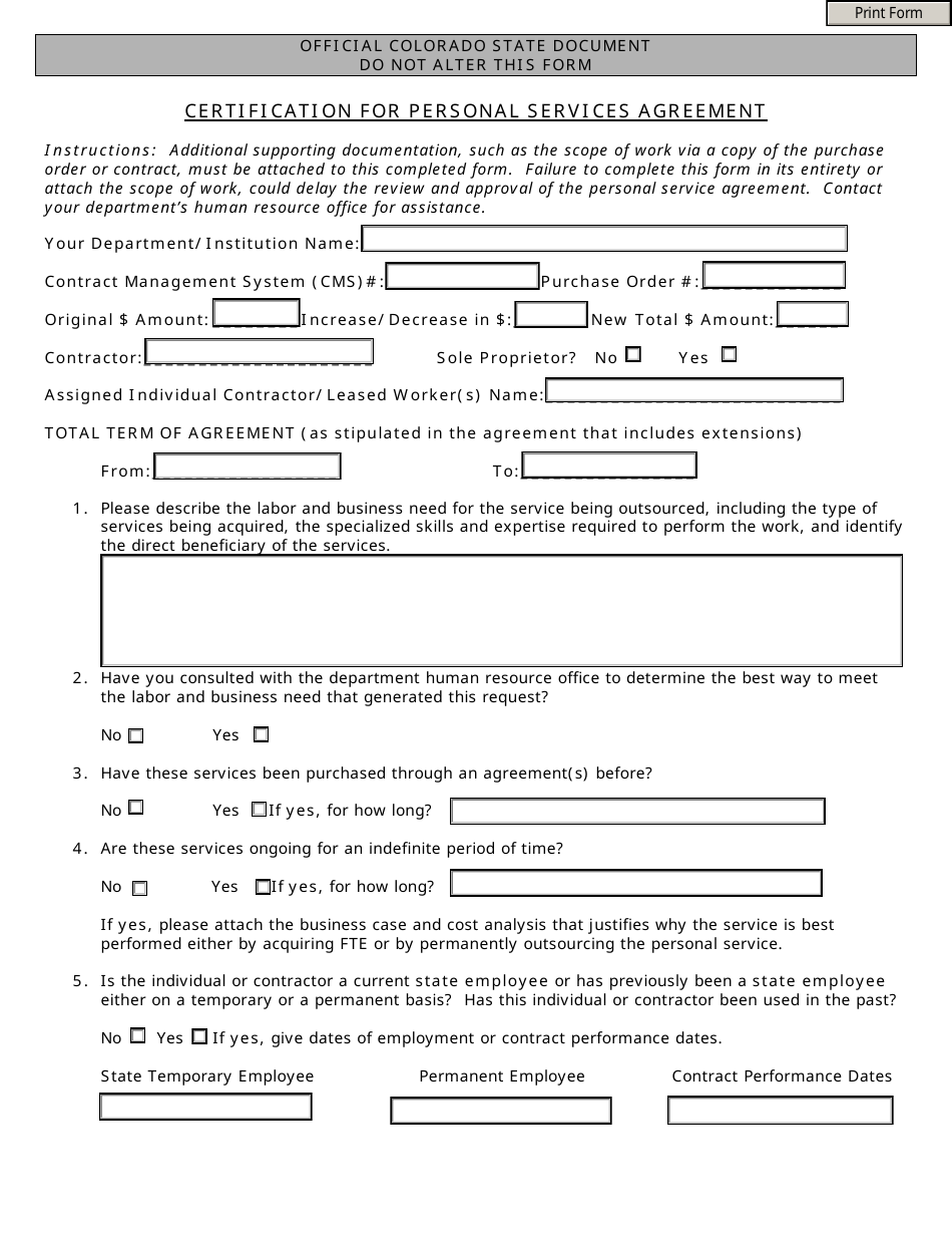 Certification for Personal Services Agreement - Colorado, Page 1