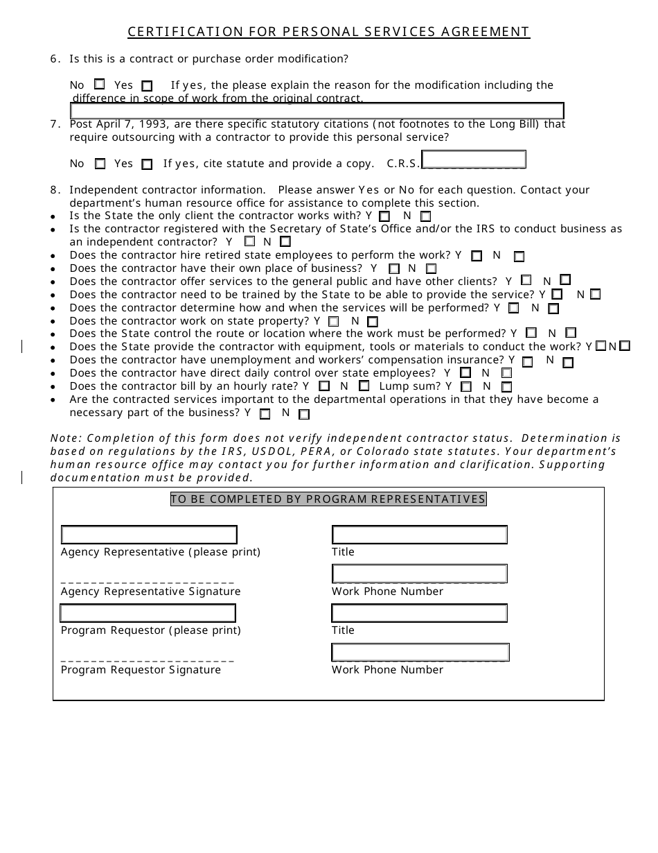 Certification for Personal Services Agreement - Colorado, Page 2