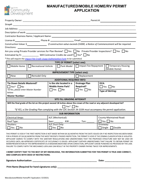 Manufactured / Mobile Home / Rv Permit Application - Lee County, Florida Download Pdf