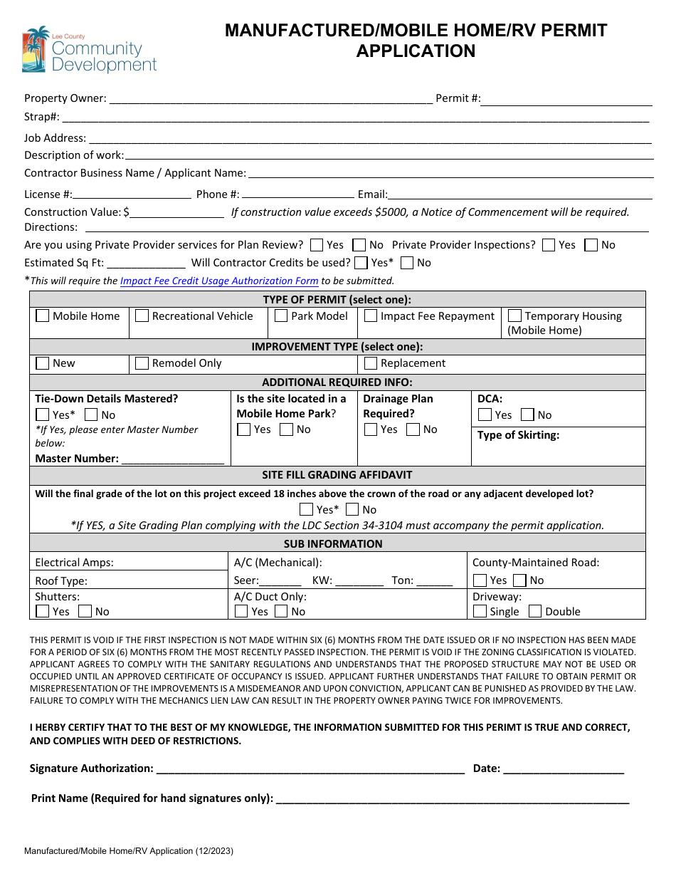 Manufactured / Mobile Home / Rv Permit Application - Lee County, Florida, Page 1