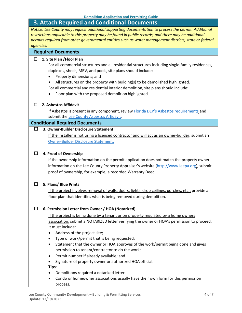 Demolition Application and Permitting Guide - Lee County, Florida, Page 4