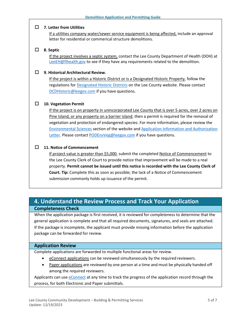 Demolition Application and Permitting Guide - Lee County, Florida, Page 5