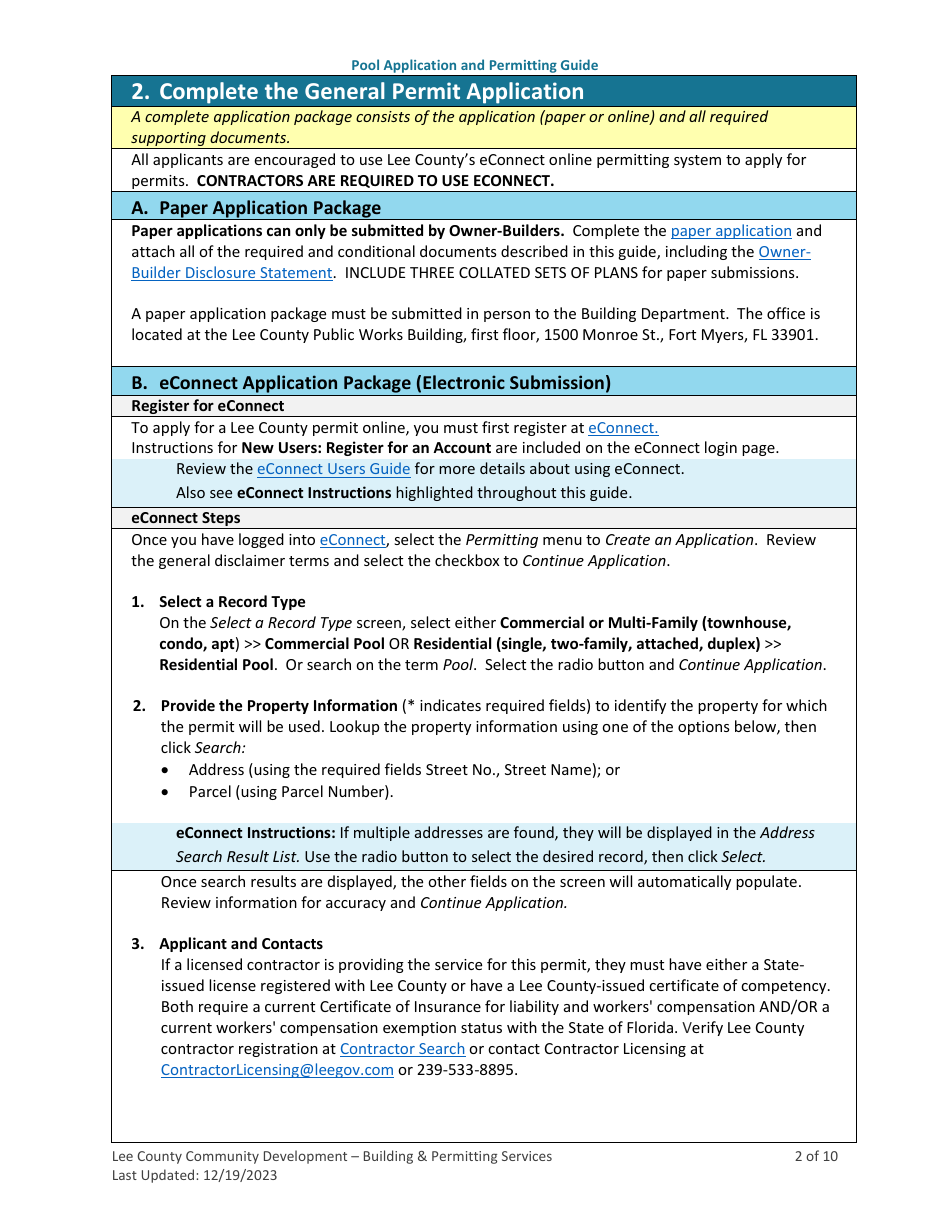 Pool (Residential and Commercial) Application and Permitting Guide - Lee County, Florida, Page 2