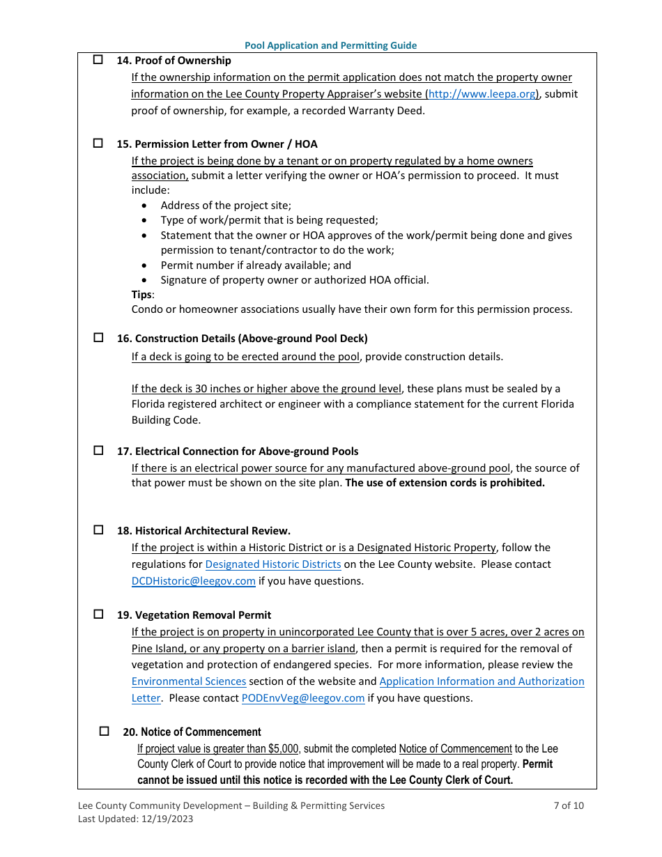 Pool (Residential and Commercial) Application and Permitting Guide - Lee County, Florida, Page 7