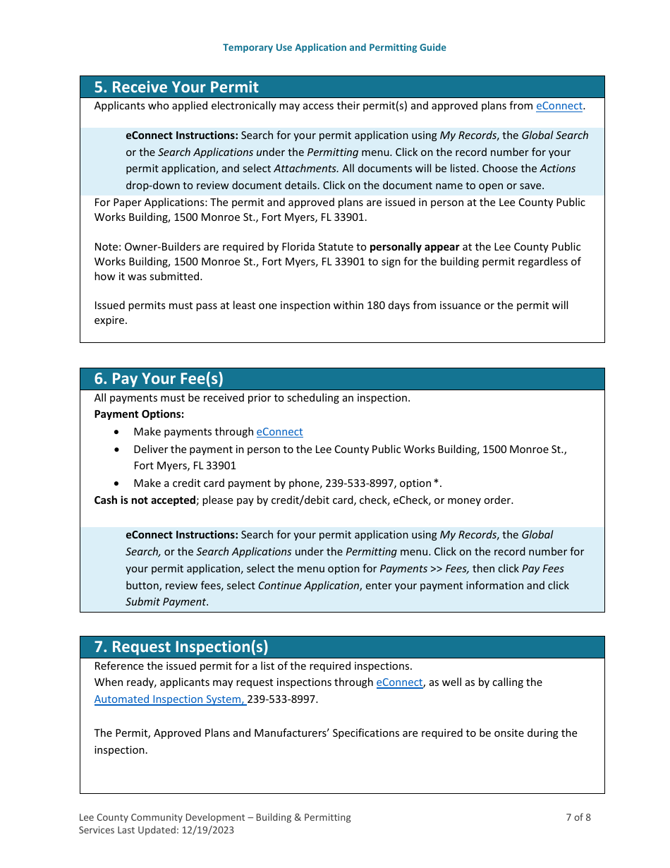 Temporary Use Application and Permitting Guide - Lee County, Florida, Page 7