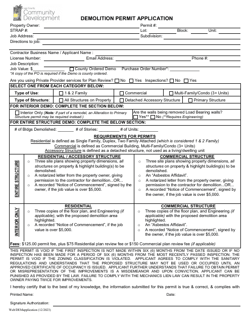 Demolition Permit Application - Lee County, Florida