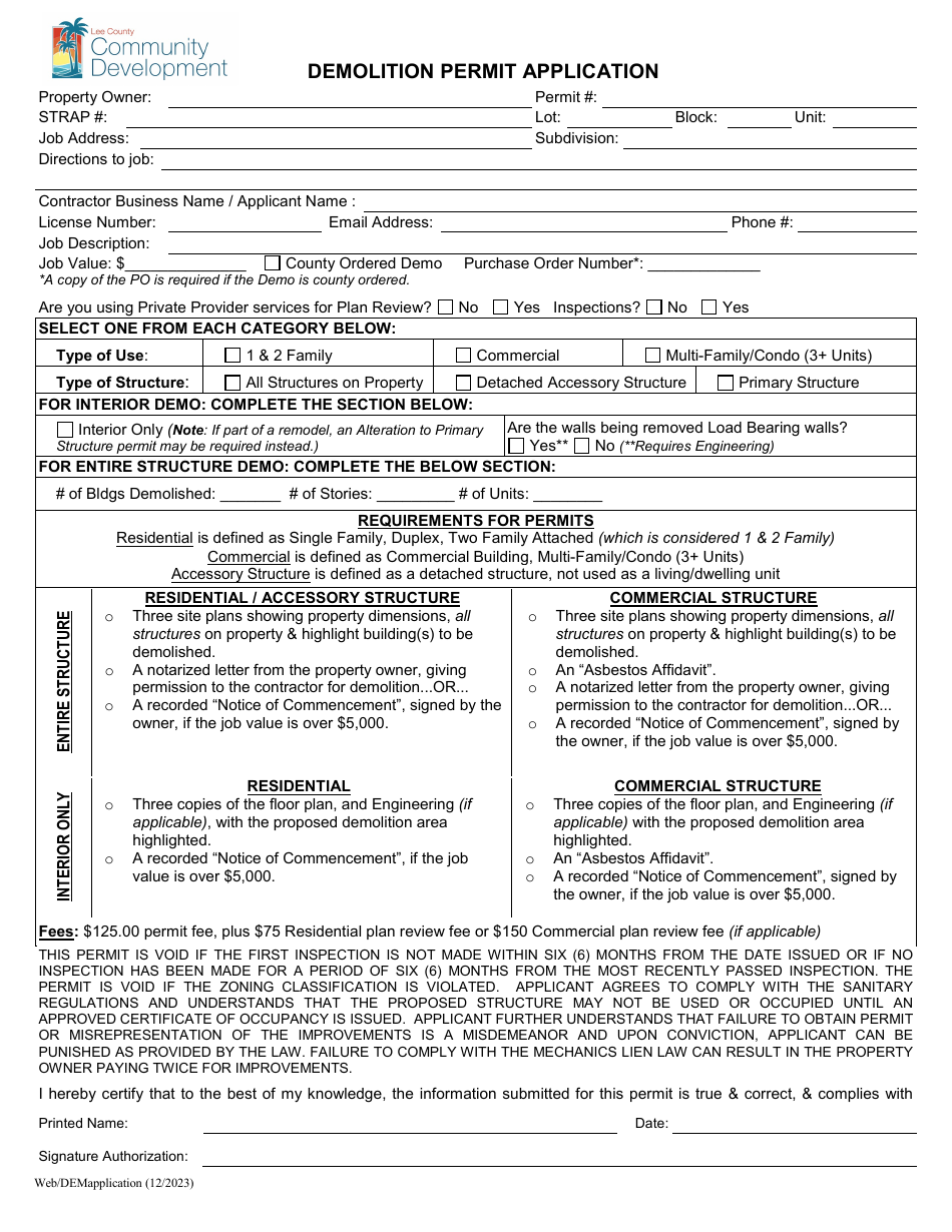 Demolition Permit Application - Lee County, Florida, Page 1