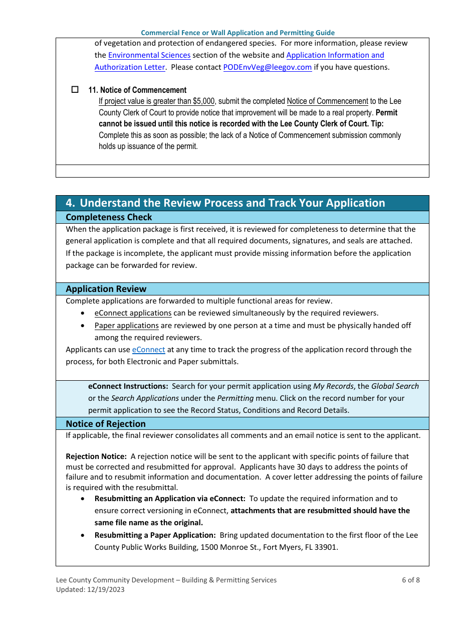 Lee County, Florida Commercial Fence or Wall Application and Permitting