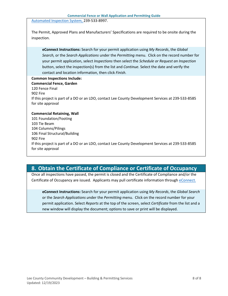 Lee County, Florida Commercial Fence or Wall Application and Permitting