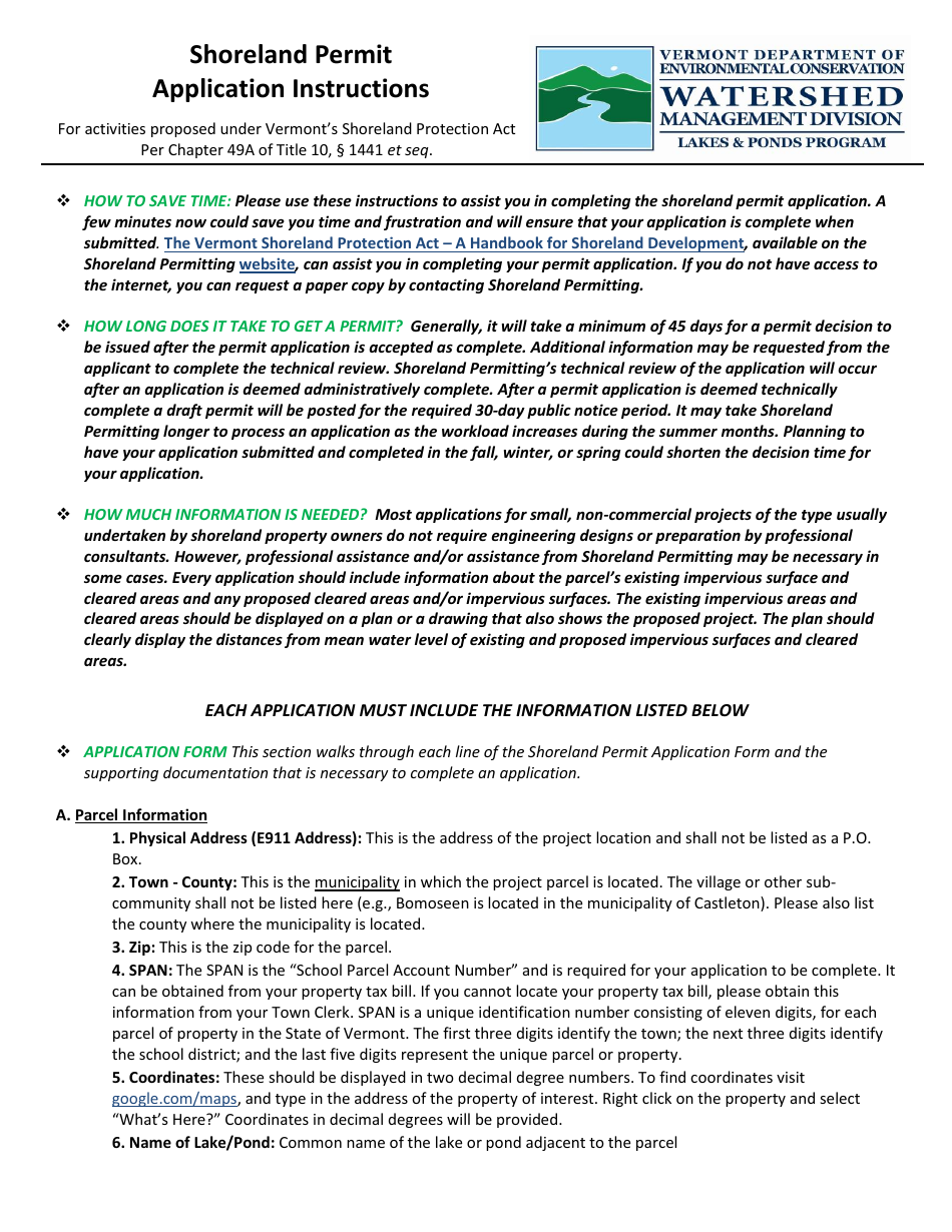 Instructions for Shoreland Protection Permit Application - Vermont, Page 1