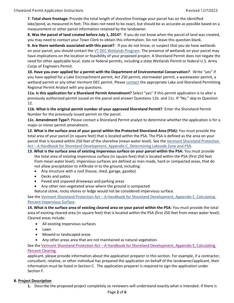Instructions for Shoreland Protection Permit Application - Vermont, Page 2