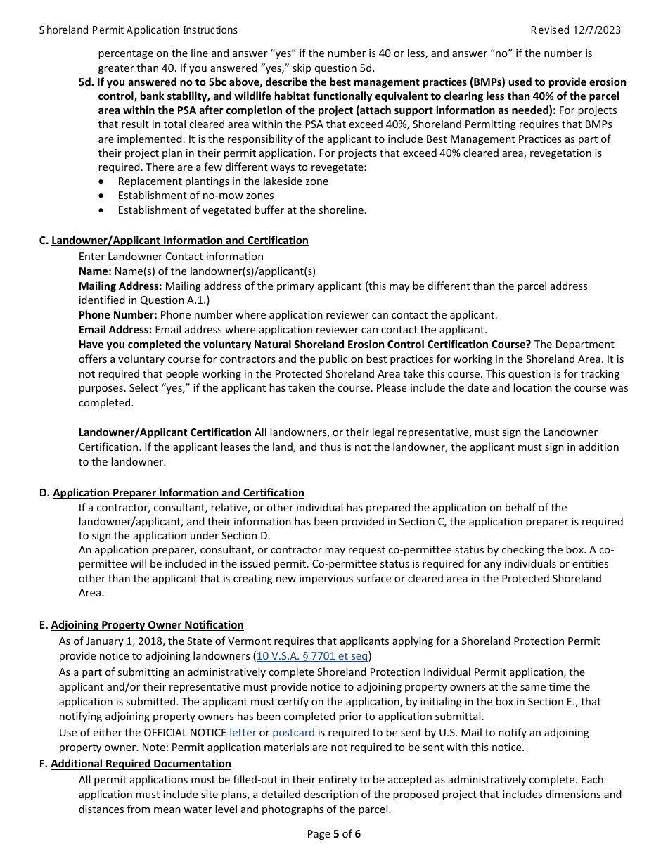 Instructions for Shoreland Protection Permit Application - Vermont, Page 5