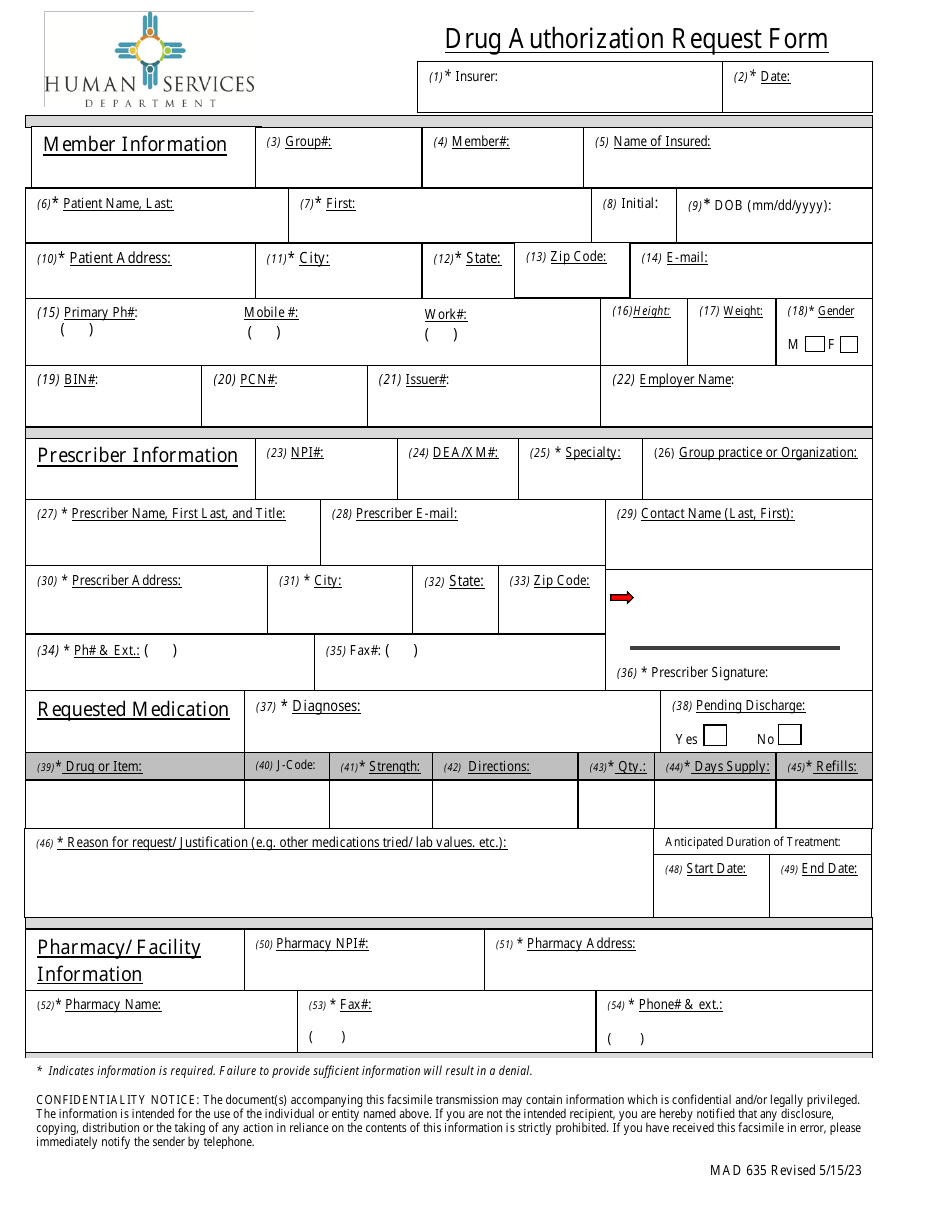 Form MAD635 Drug Authorization Request Form - New Mexico, Page 1