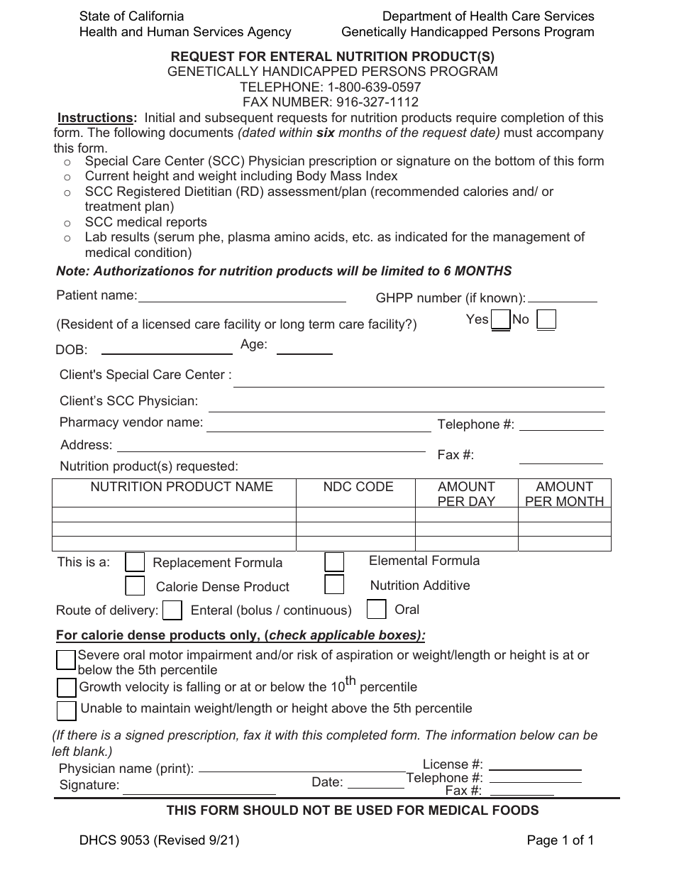 Form DHCS9053 Request for Enteral Nutrition Product(S) - Genetically Handicapped Persons Program - California, Page 1