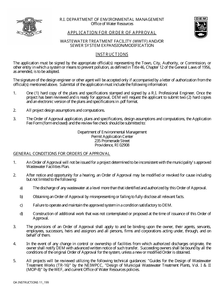 Application for Order of Approval - Wastewater Treatment Facility (Wwtf) and / or Sewer System Expansion / Modification - Rhode Island, Page 1