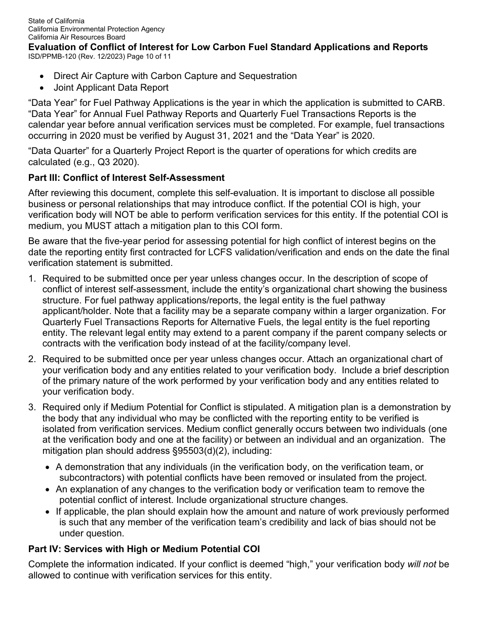 Form ISD / PPMB-120 Evaluation of Conflict of Interest for Low Carbon Fuel Standard Applications and Reports - California, Page 10
