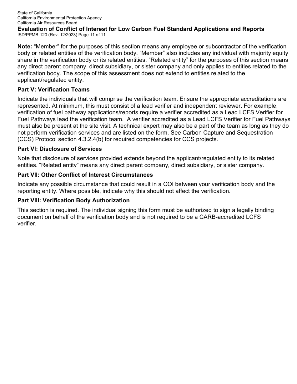 Form ISD / PPMB-120 Evaluation of Conflict of Interest for Low Carbon Fuel Standard Applications and Reports - California, Page 11