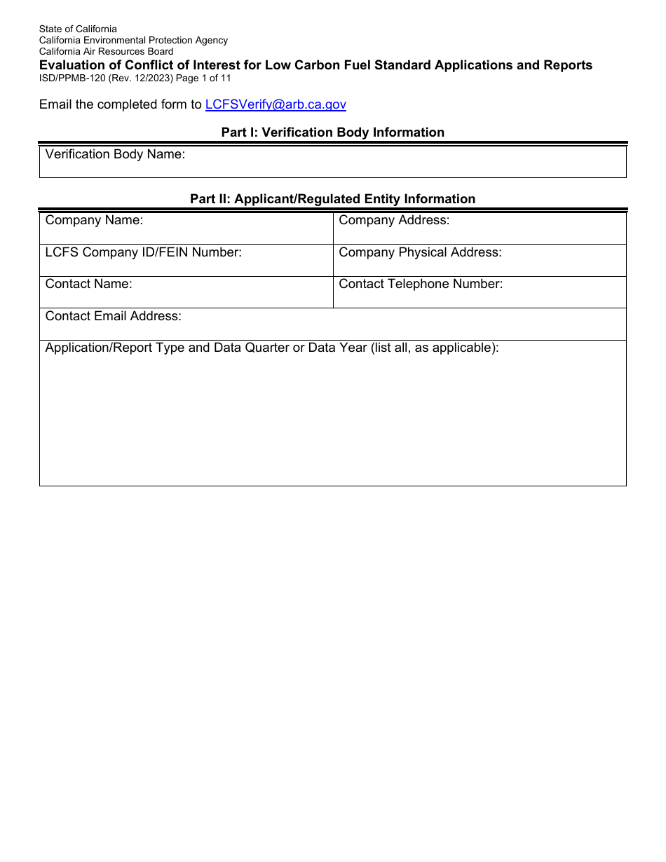 Form ISD / PPMB-120 Evaluation of Conflict of Interest for Low Carbon Fuel Standard Applications and Reports - California, Page 1