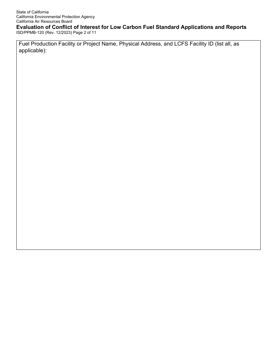Form ISD / PPMB-120 Evaluation of Conflict of Interest for Low Carbon Fuel Standard Applications and Reports - California, Page 2