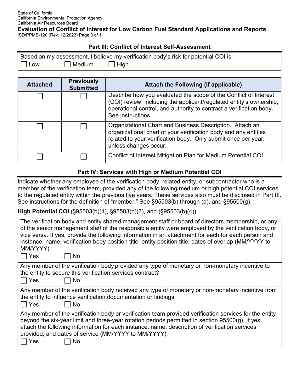 Form ISD / PPMB-120 Evaluation of Conflict of Interest for Low Carbon Fuel Standard Applications and Reports - California, Page 3