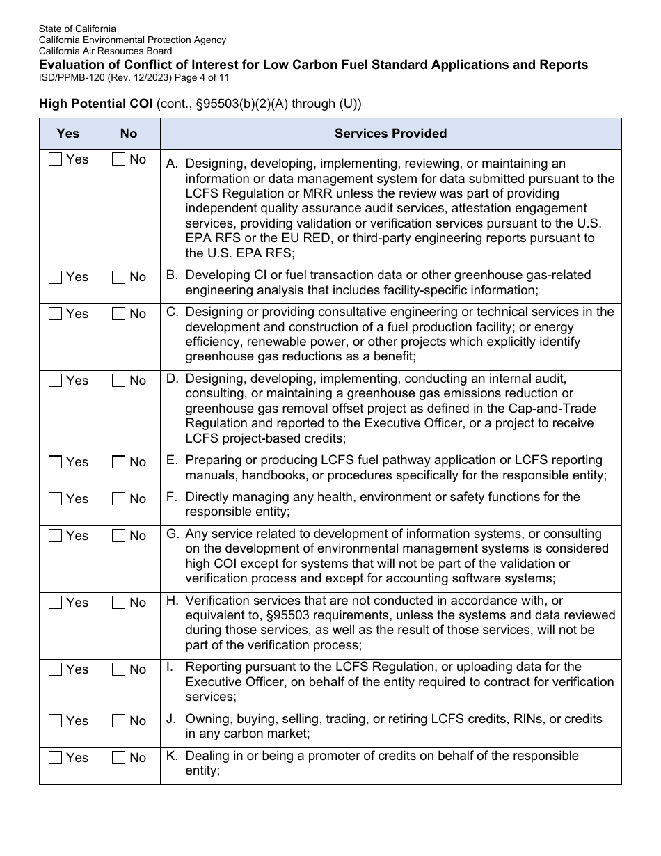 Form ISD / PPMB-120 Evaluation of Conflict of Interest for Low Carbon Fuel Standard Applications and Reports - California, Page 4