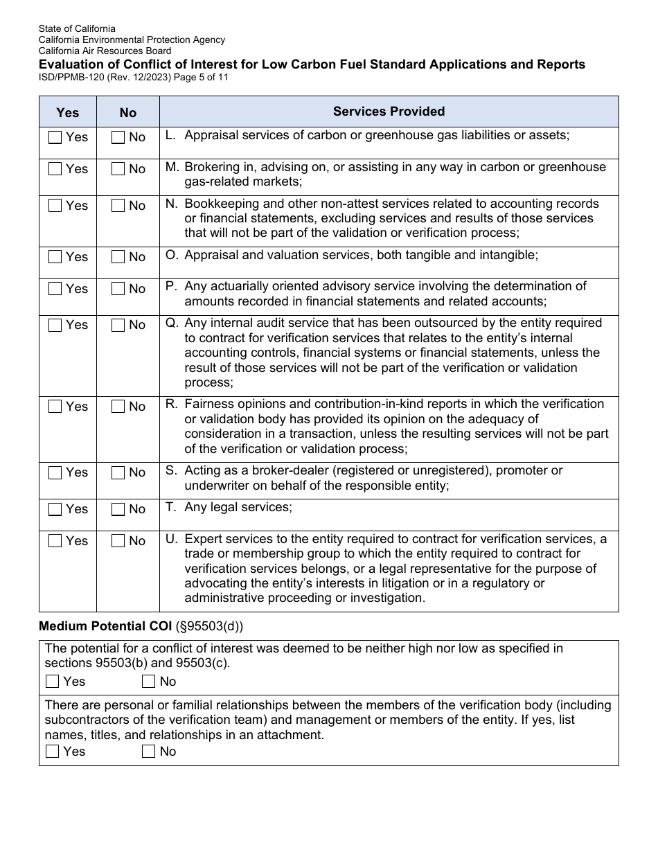 Form ISD / PPMB-120 Evaluation of Conflict of Interest for Low Carbon Fuel Standard Applications and Reports - California, Page 5
