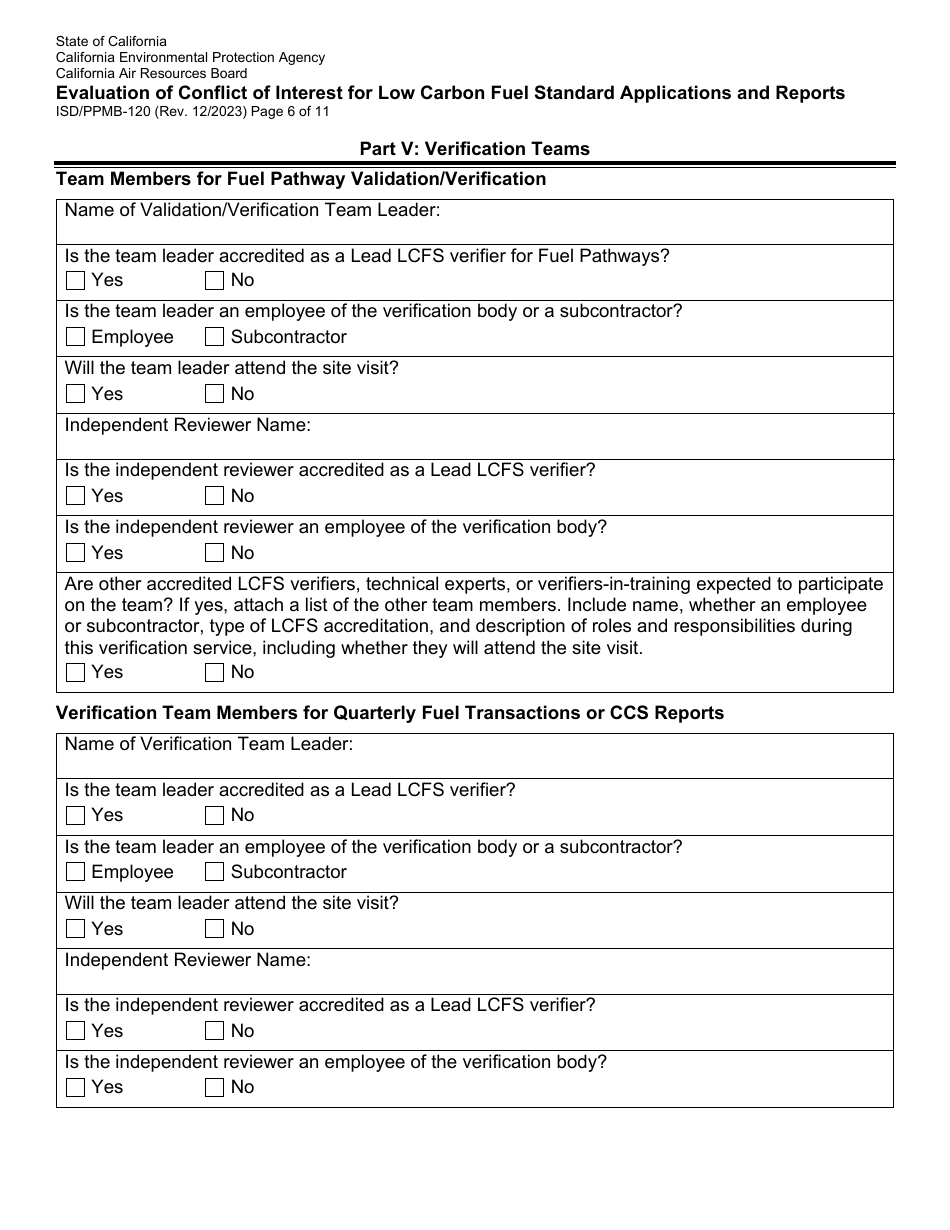 Form ISD / PPMB-120 Evaluation of Conflict of Interest for Low Carbon Fuel Standard Applications and Reports - California, Page 6