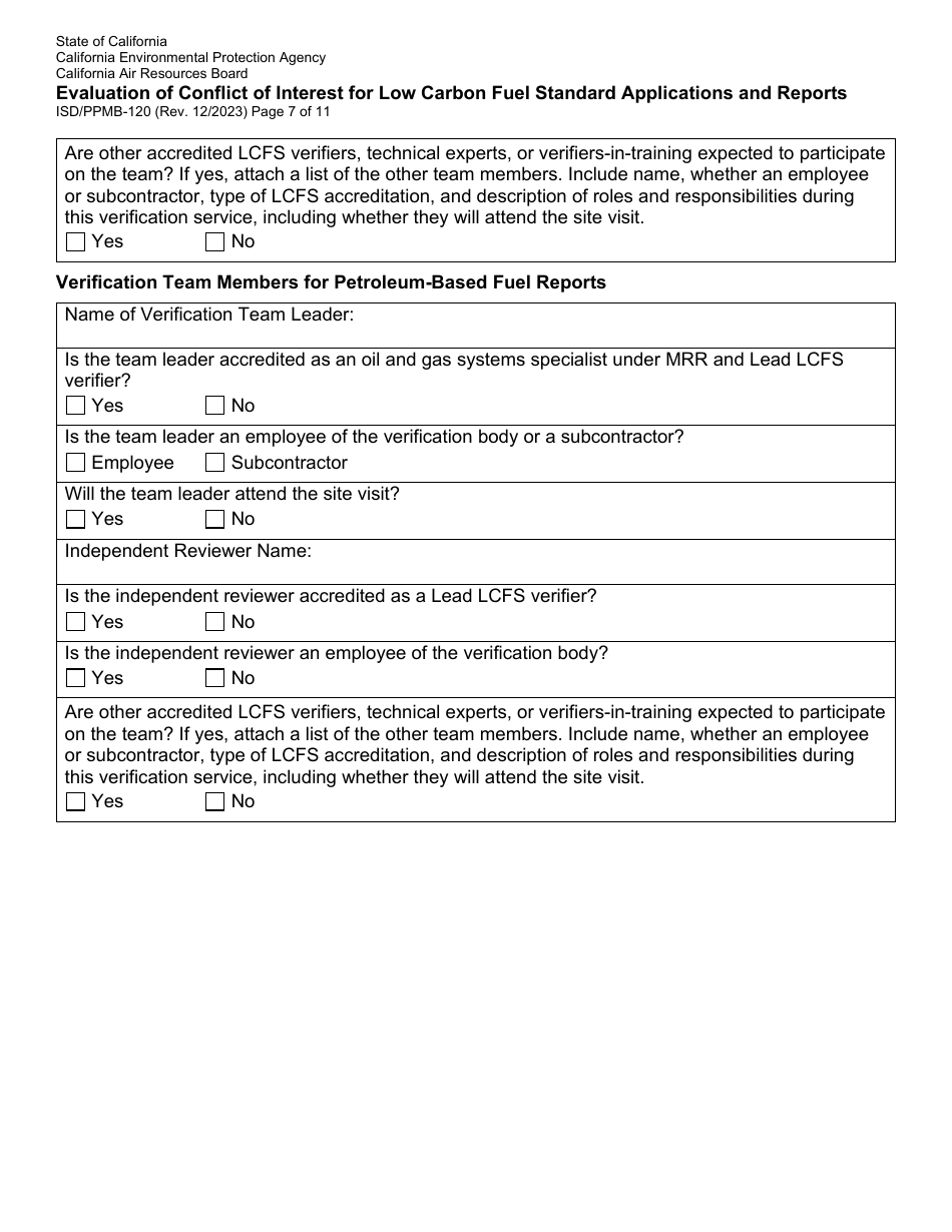 Form ISD / PPMB-120 Evaluation of Conflict of Interest for Low Carbon Fuel Standard Applications and Reports - California, Page 7