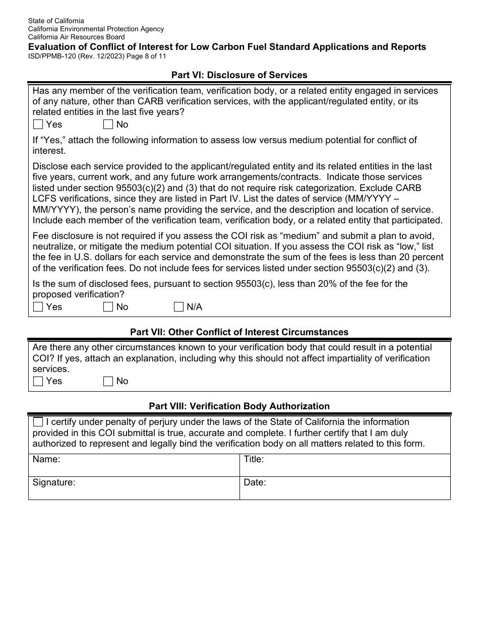 Form ISD / PPMB-120 Evaluation of Conflict of Interest for Low Carbon Fuel Standard Applications and Reports - California, Page 8
