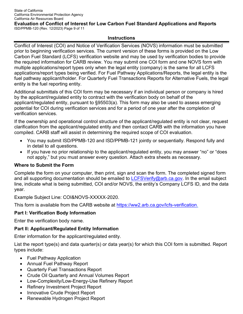 Form ISD / PPMB-120 Evaluation of Conflict of Interest for Low Carbon Fuel Standard Applications and Reports - California, Page 9
