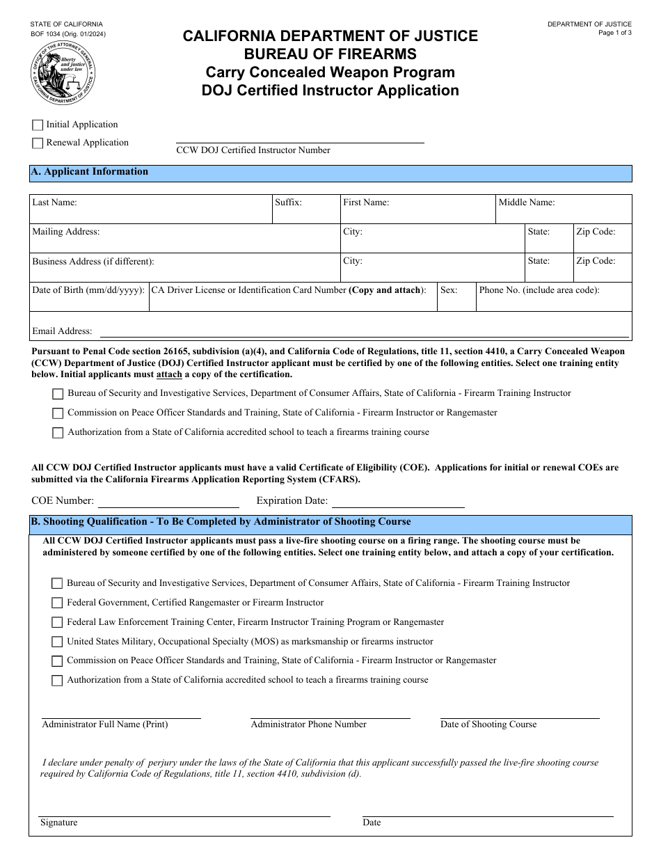 Form BOF1034 Certified Instructor Application - Carry Concealed Weapon Program - California, Page 1