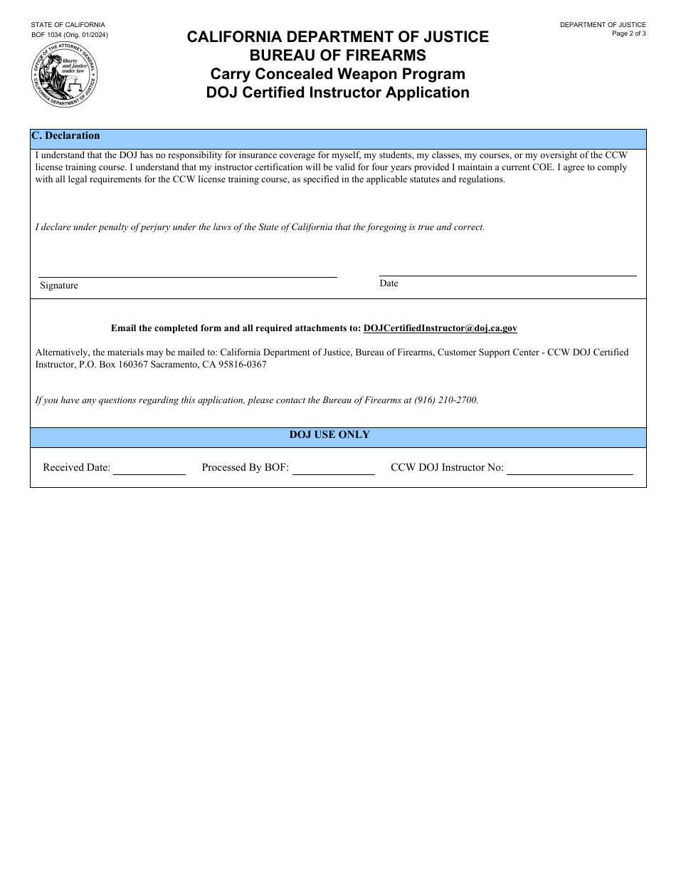 Form BOF1034 Certified Instructor Application - Carry Concealed Weapon Program - California, Page 2