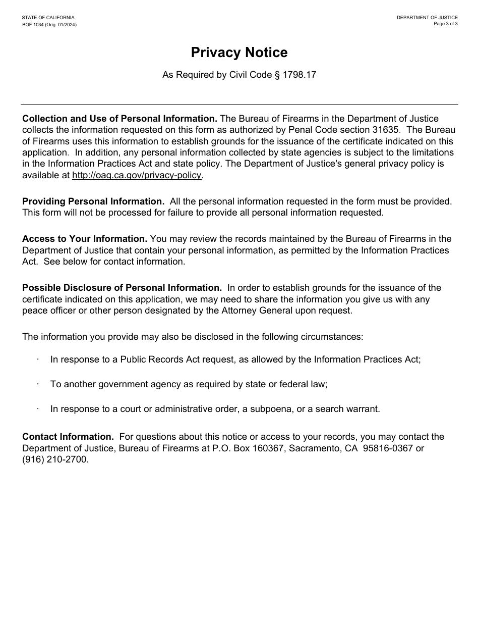 Form BOF1034 Certified Instructor Application - Carry Concealed Weapon Program - California, Page 3