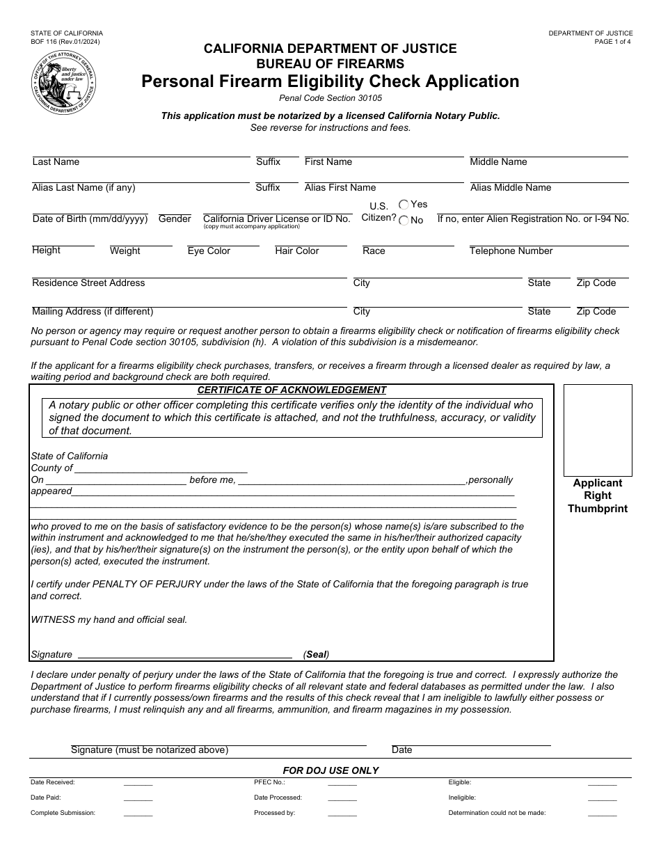 Form BOF116 Personal Firearm Eligibility Check Application - California, Page 1