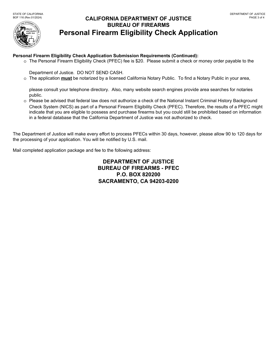 Form BOF116 Personal Firearm Eligibility Check Application - California, Page 3