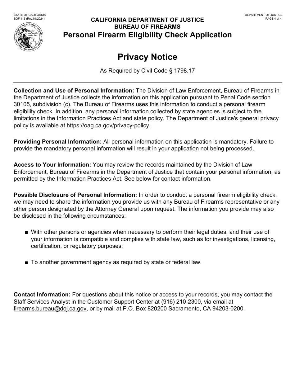 Form BOF116 Personal Firearm Eligibility Check Application - California, Page 4