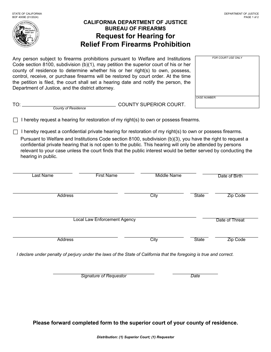 Form BOF4009E Request for Hearing for Relief From Firearms Prohibition - California, Page 1