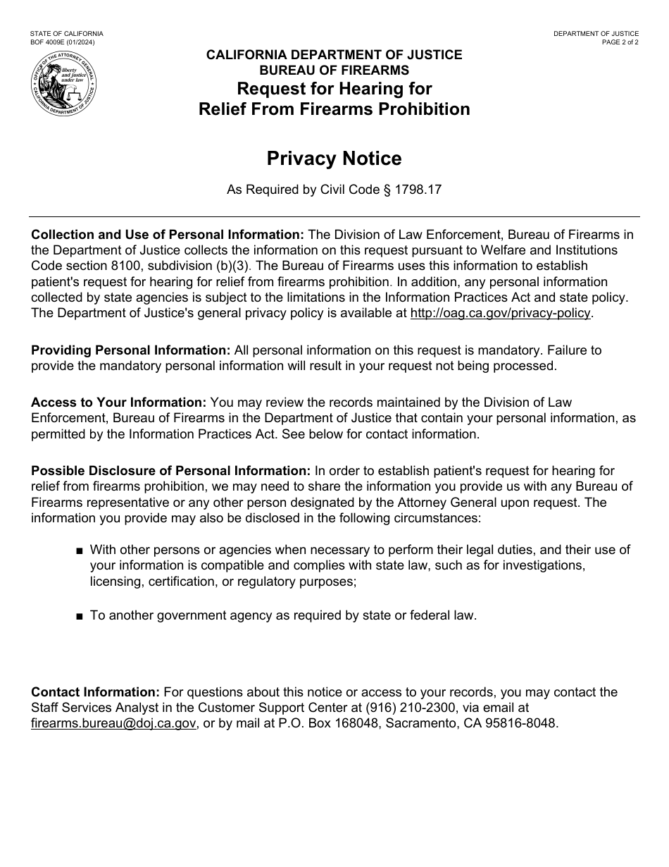 Form BOF4009E Request for Hearing for Relief From Firearms Prohibition - California, Page 2