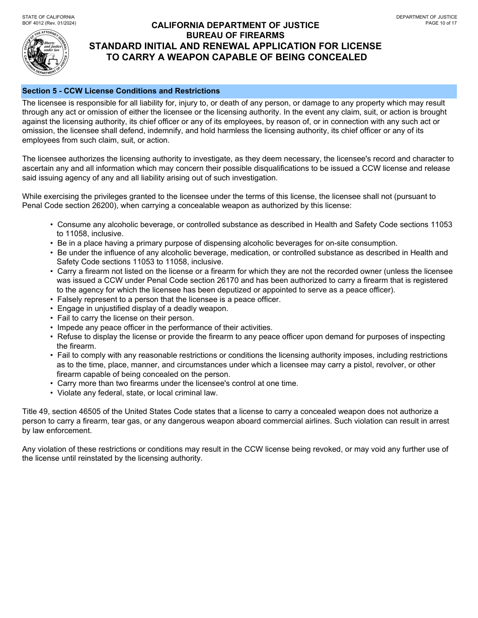 Form BOF4012 Standard Initial and Renewal Application for License to Carry a Weapon Capable of Being Concealed - California, Page 10