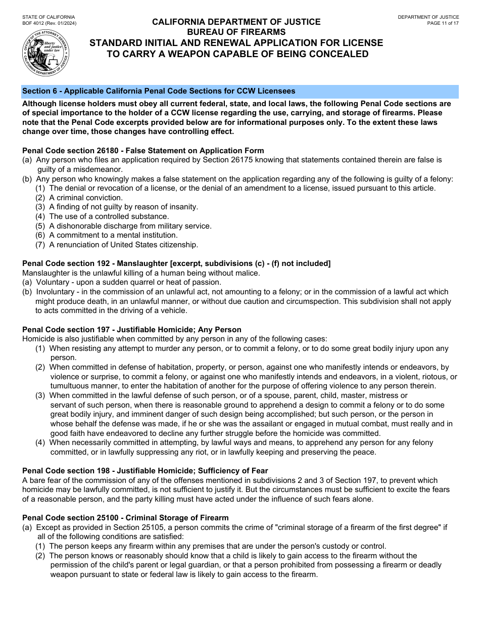 Form BOF4012 Standard Initial and Renewal Application for License to Carry a Weapon Capable of Being Concealed - California, Page 11