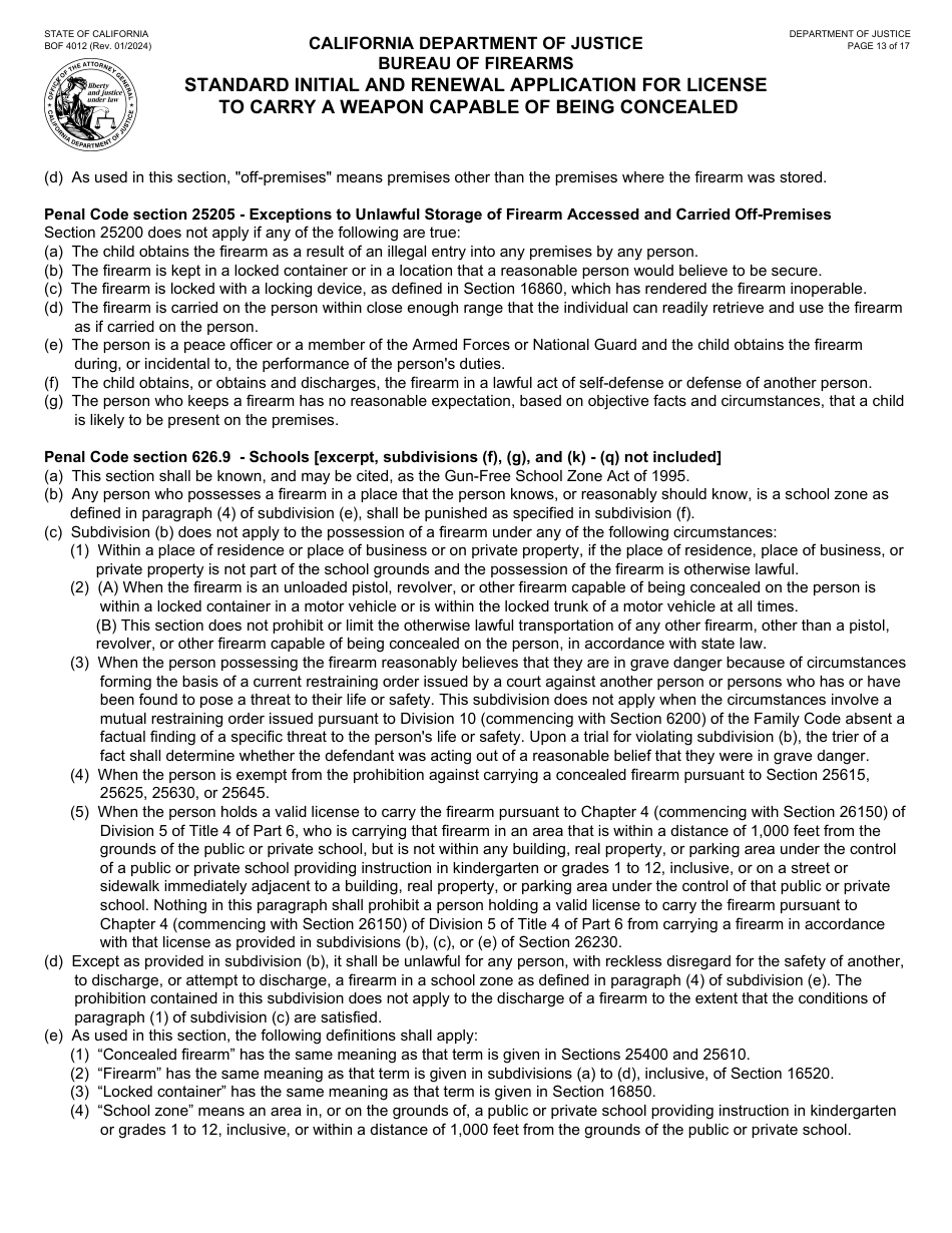 Form BOF4012 Standard Initial and Renewal Application for License to Carry a Weapon Capable of Being Concealed - California, Page 13