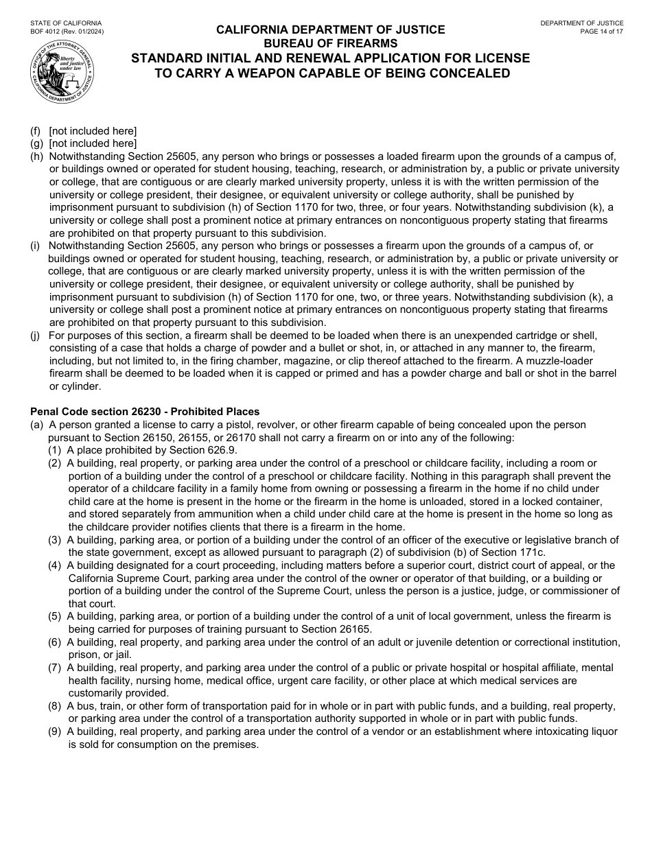 Form BOF4012 Standard Initial and Renewal Application for License to Carry a Weapon Capable of Being Concealed - California, Page 14