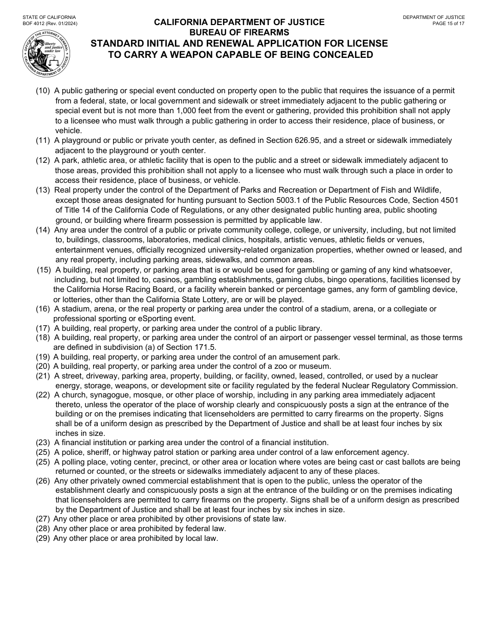 Form BOF4012 Standard Initial and Renewal Application for License to Carry a Weapon Capable of Being Concealed - California, Page 15