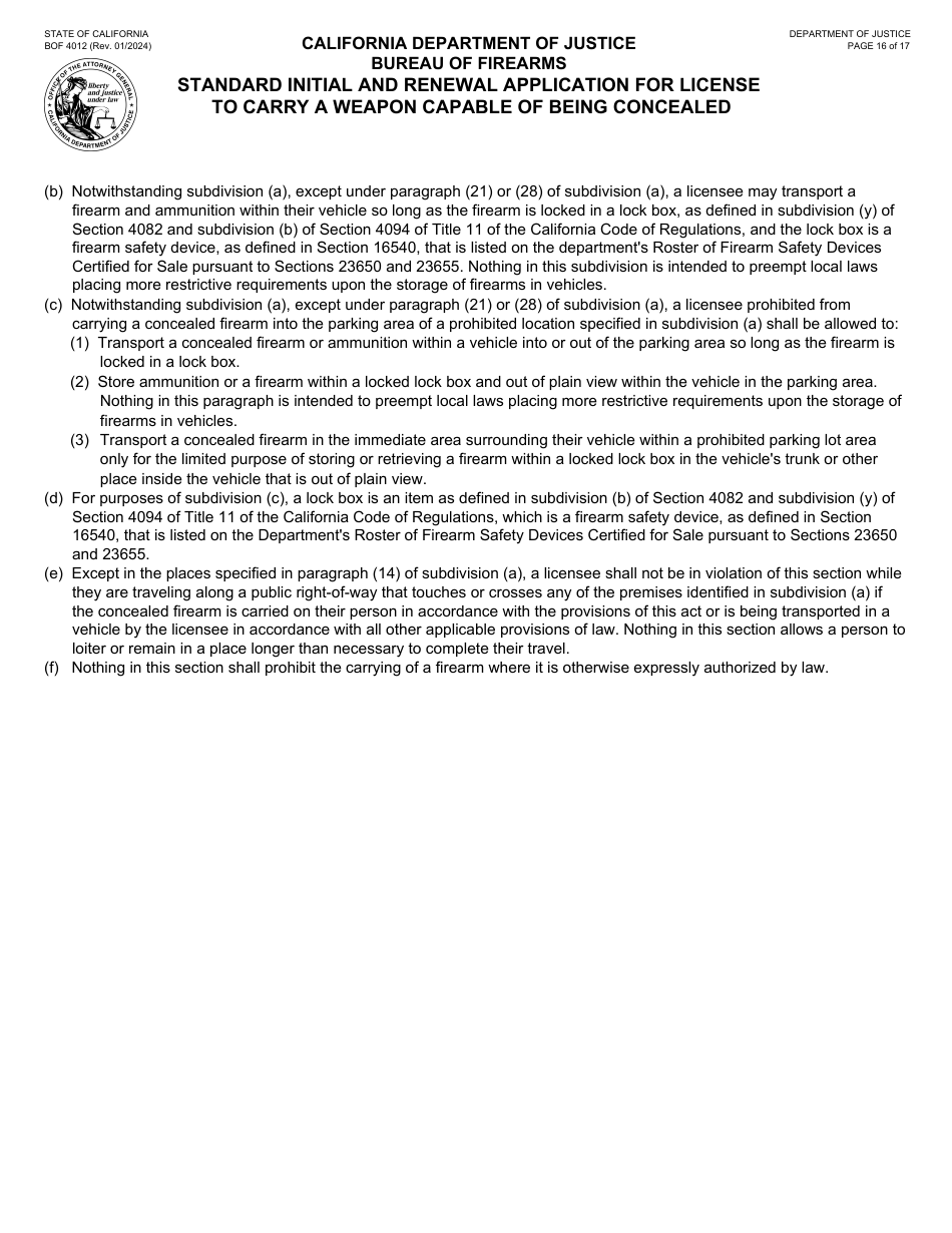 Form BOF4012 Standard Initial and Renewal Application for License to Carry a Weapon Capable of Being Concealed - California, Page 16