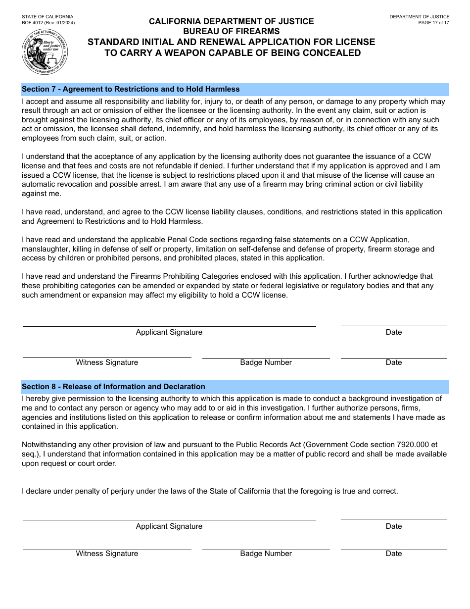 Form BOF4012 Standard Initial and Renewal Application for License to Carry a Weapon Capable of Being Concealed - California, Page 17