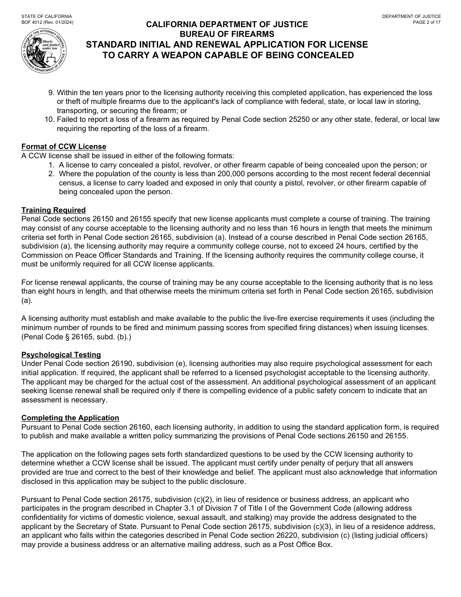 Form BOF4012 Standard Initial and Renewal Application for License to Carry a Weapon Capable of Being Concealed - California, Page 2