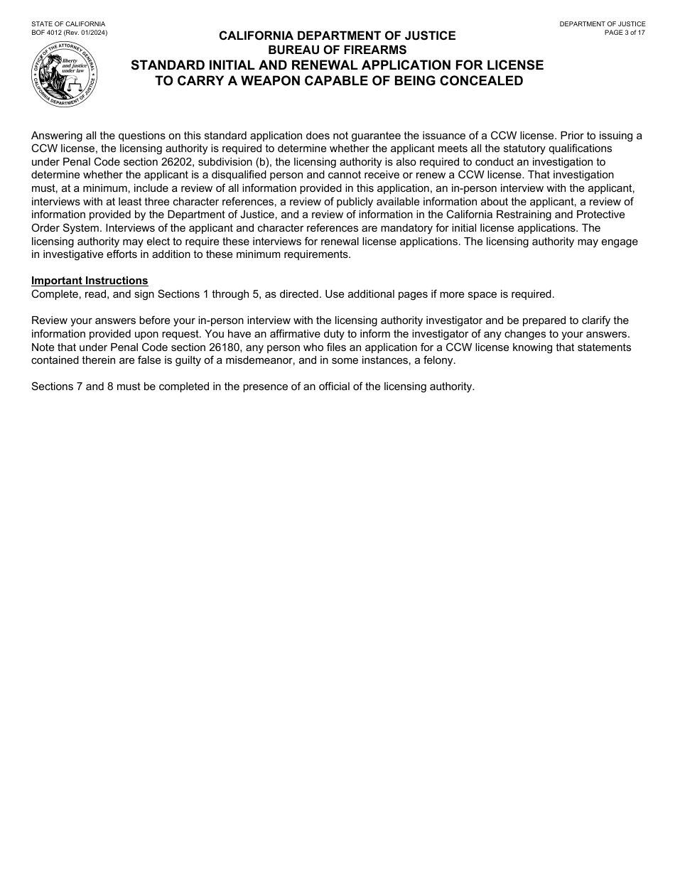 Form BOF4012 Standard Initial and Renewal Application for License to Carry a Weapon Capable of Being Concealed - California, Page 3